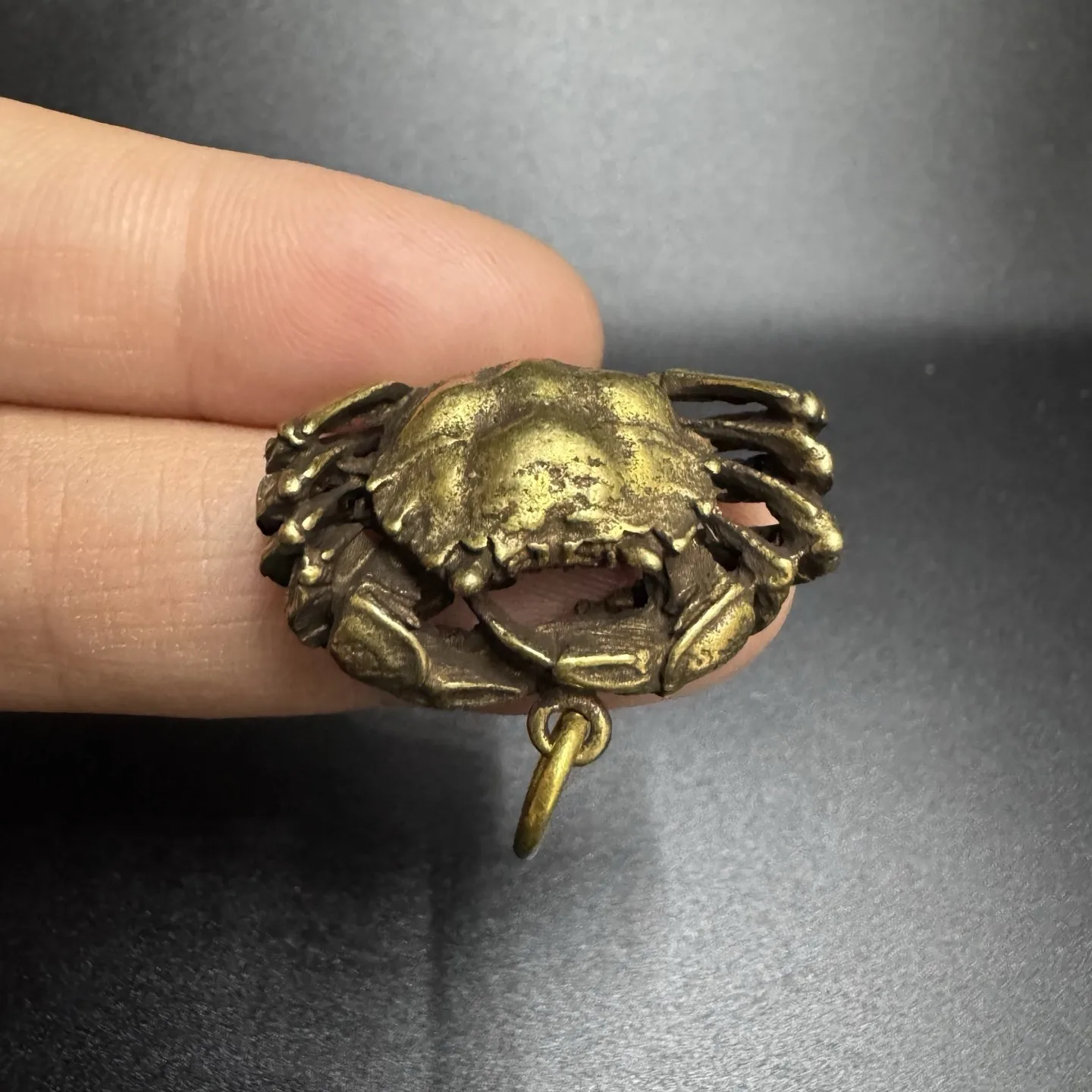 Antique Bronze Miniature Crab Keychain With Wealth Luck Engraving Solid Brass