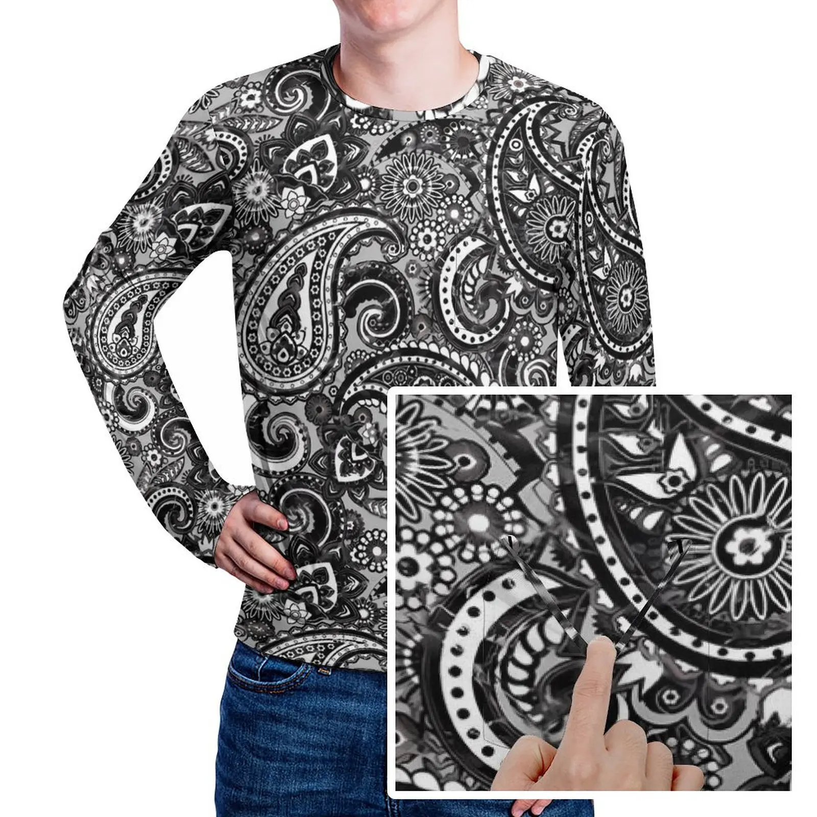 Paisley Game Day T-Shirt With Pocket Grey and Black Cool T-Shirts Men Funny Tshirt Long Sleeve Graphic Top Tees Large Size 5XL