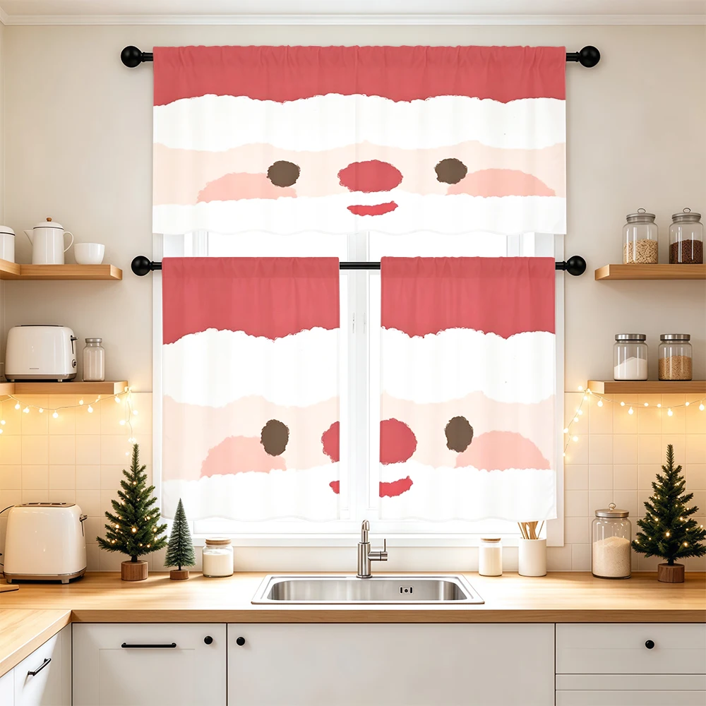 Christmas Kitchen Curtains, Abstract Santa Face Pink, Digital Print, Kitchen Dining Room, Rod Pocket Polyester, Home Decor