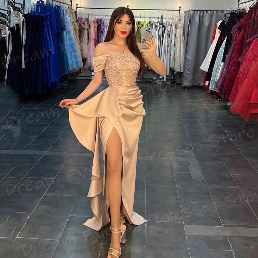 

Modern Classic Mermaid Fascinating Women's Evening Dresses Pretty Off The Shoulder Sequined Prom Gowns Side Split Abiye Elbise