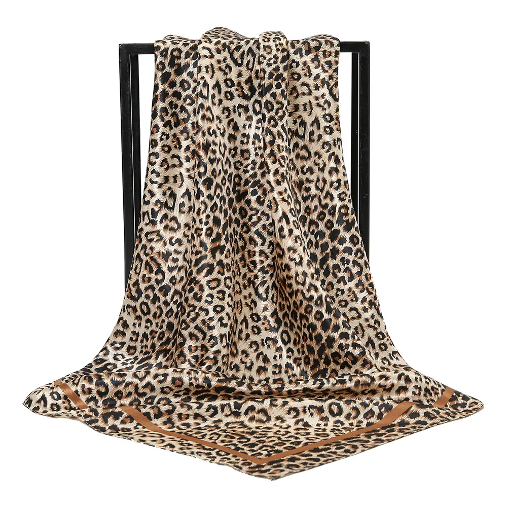 Fashion Leopard Scarf Hijab Shawl Silk Feeling Hair Ties Satin Square Turbans Cheetah Animal Print Head Wrap Scarves