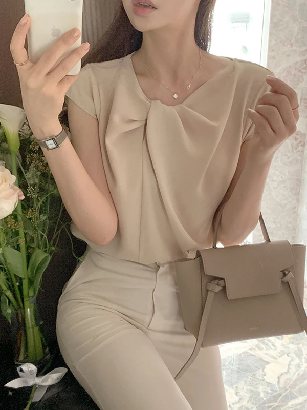 

Chic Knot Neckline Women's Summer Top Elegant Loose Fit French Style Short Sleeve Silk Chiffon Shirt Wrap around Design