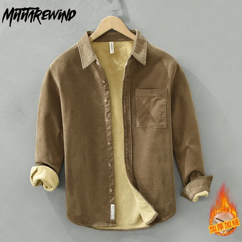 

Winter Men's Shirts Daily Casual Keep Warm Shirts Pure Cotton Lapel Corduroy Solid Shirt Fleece Thicken Tops Simple Men Clothing