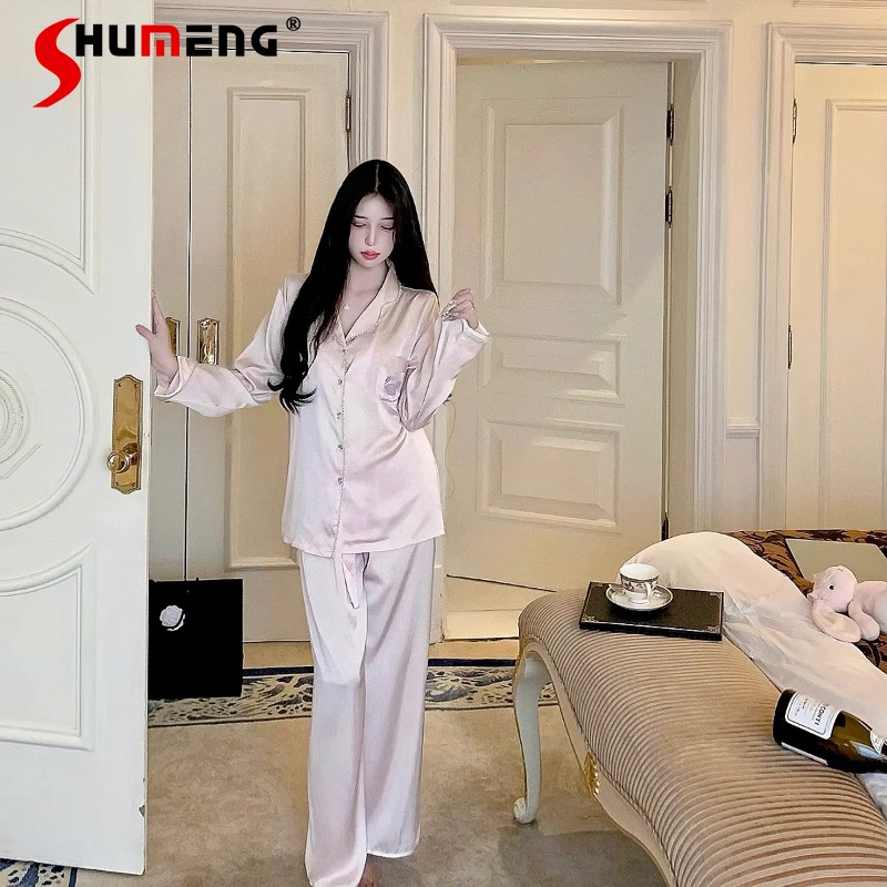 حجر الراين الأصلي الحرير الجليد المتسكعون النساء الفاخرة طويلة الأكمام منامة مجموعة السيدات ربيع الخريف بلون Homewear دعوى