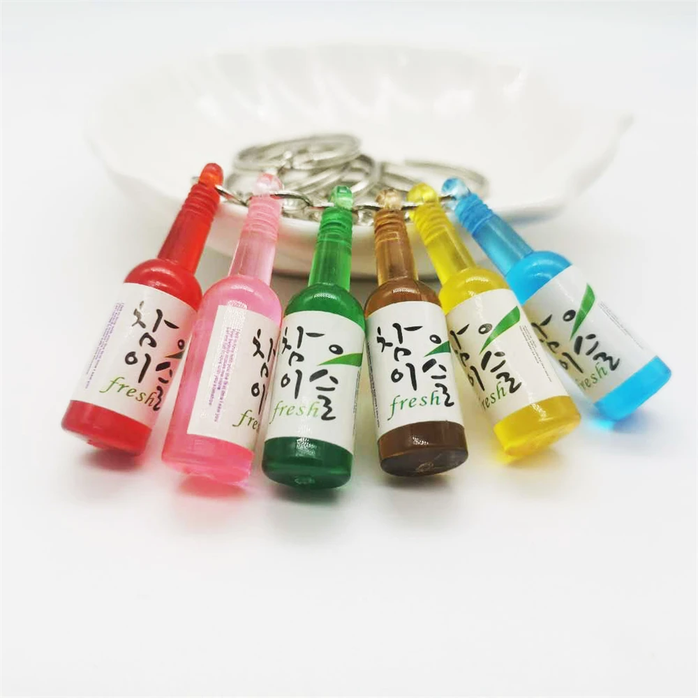 INS Soju Korean Beer Bottle Keychains Colorful Wine Bottle Pendants Keyring for Men Women Earphones Case Car Key Accessories