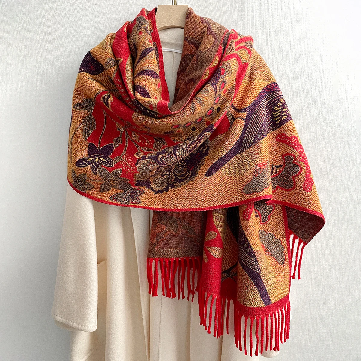 Flower Bird Pattern Winter & Fall Extra Soft Warm Scarf Large Pashmina Shawls & Wraps Cashmere Feel Womens Scarfs for Wedding