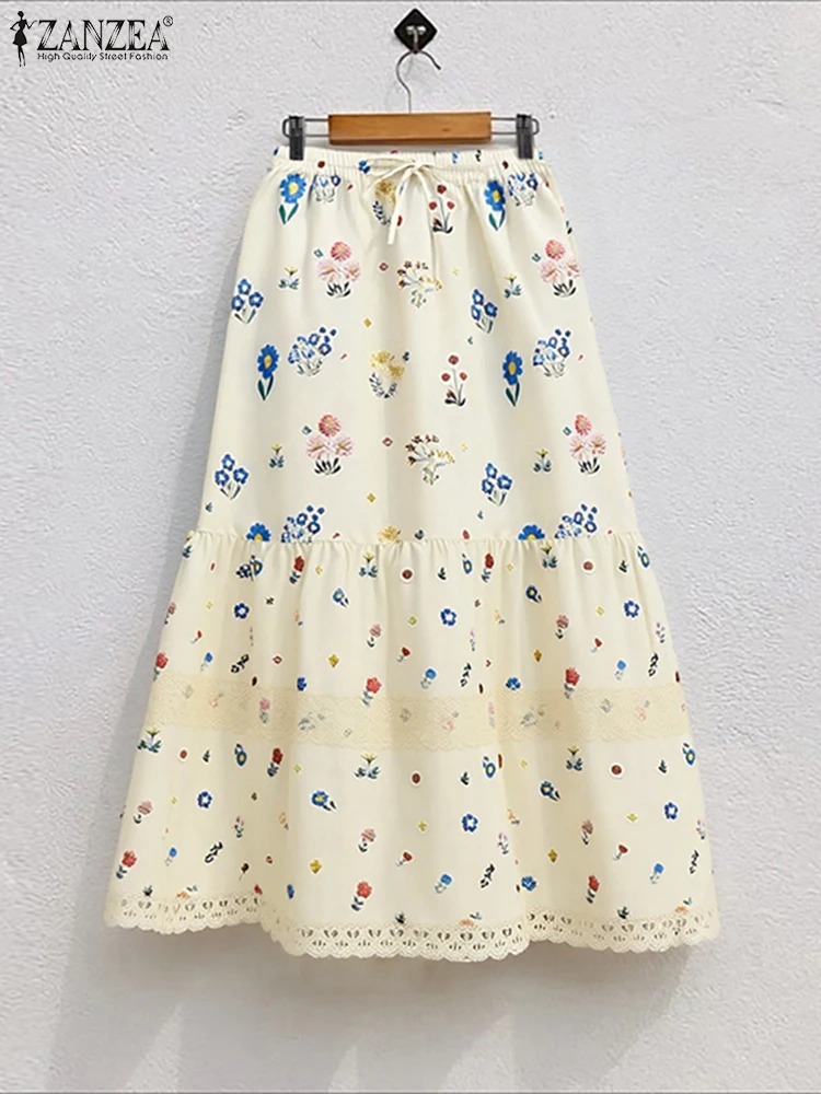 

Bohemian Women Long Skirts 2025 ZANZEA Autumn Lace Ruffled Floral Print Maxi Bottoms Elastic Waist Jupes Oversized Faldas Saia