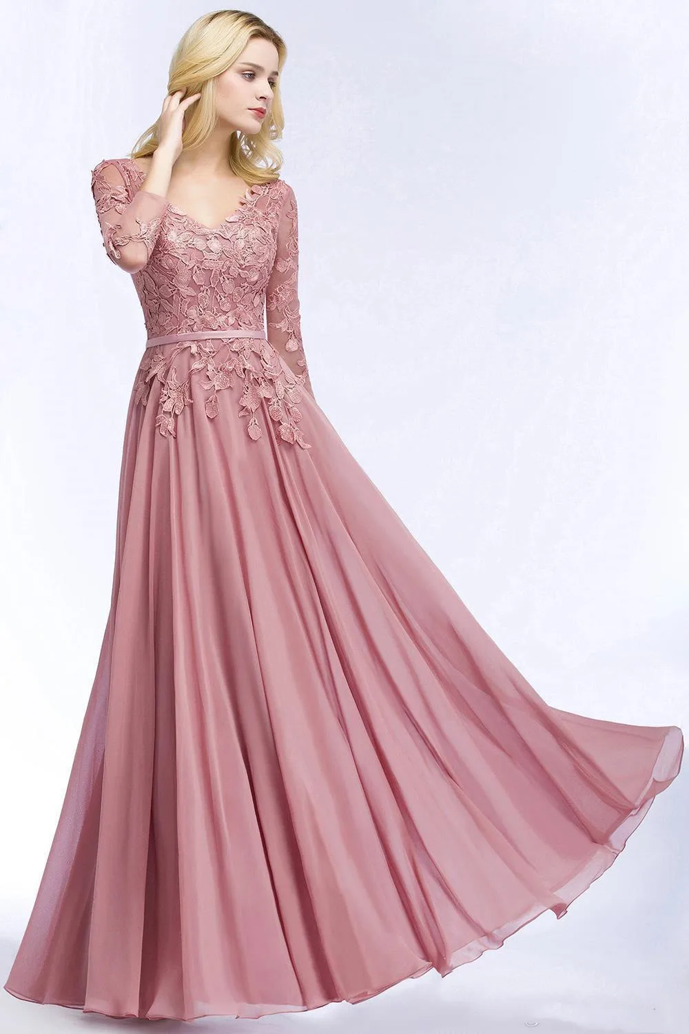 Elegant V Neck Chiffon Gaun Malam Panjang Tipis Lengan Renda Bordiran Lantai Panjang untuk Pesta Prom فستان سهرة Vestido De Tidak Ada