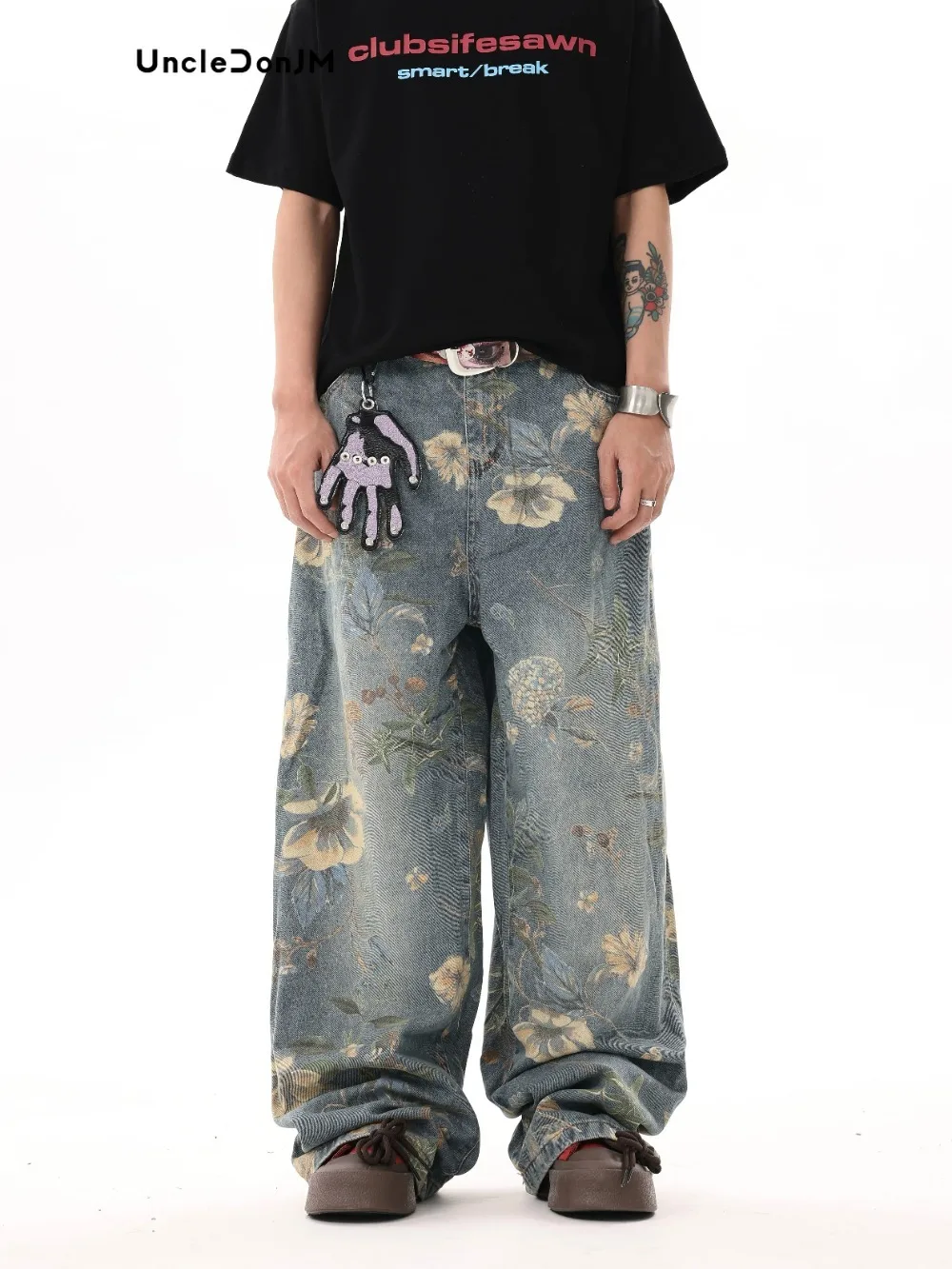 

UNCLEDONJM Floral Print Jeans Y2k Men’s Jeans Streetwear Pants for Men Women