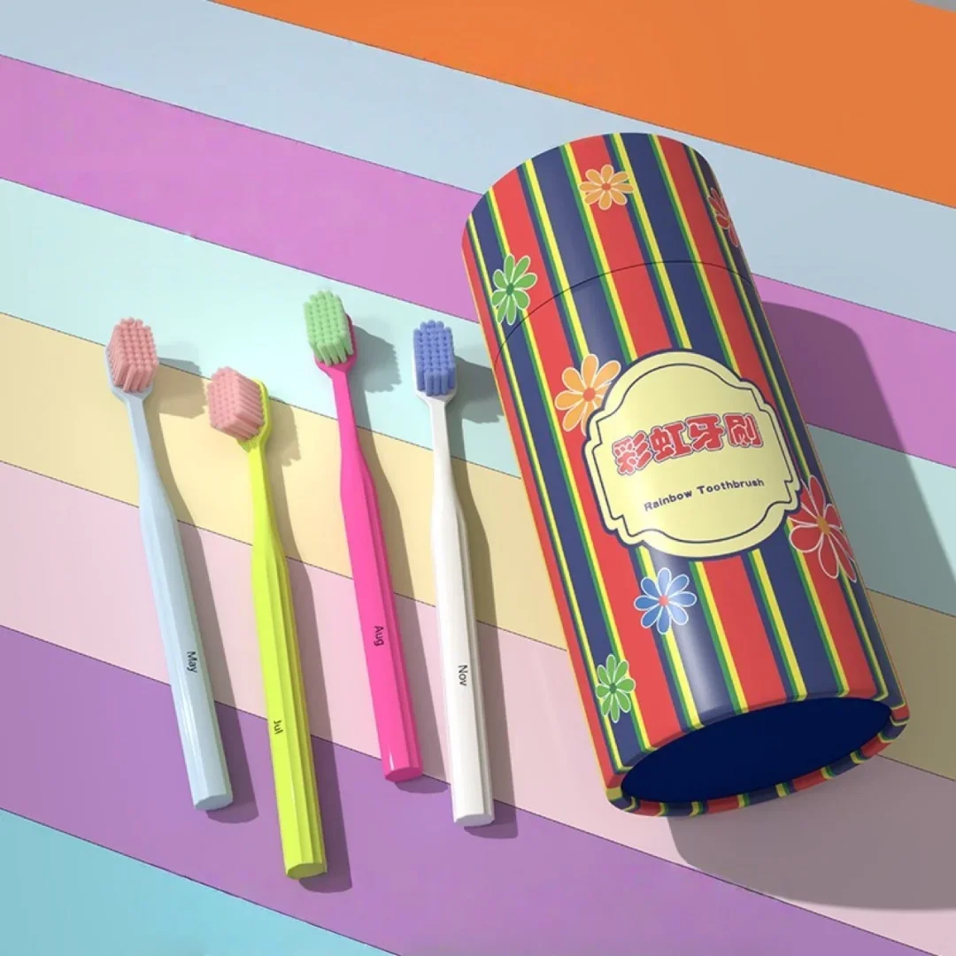 12pcs/set Rainbow Toothbrush Soft Bristles Wide Head Toothbrushes in Bucket Home Use Oral Care Colorful Gentle Clean Toothbrush