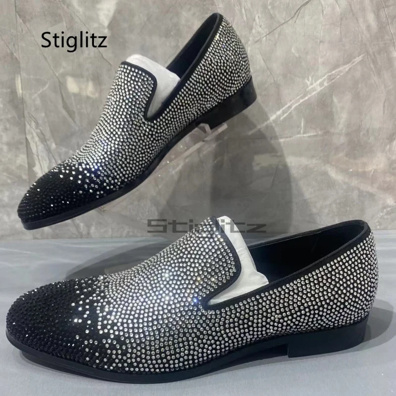 Men's Black Silver Rhinestone Loafers Slip On Loafer Shoes Round Toe Male Comfortable Low Heel Gradient Color Dress Single Shoes