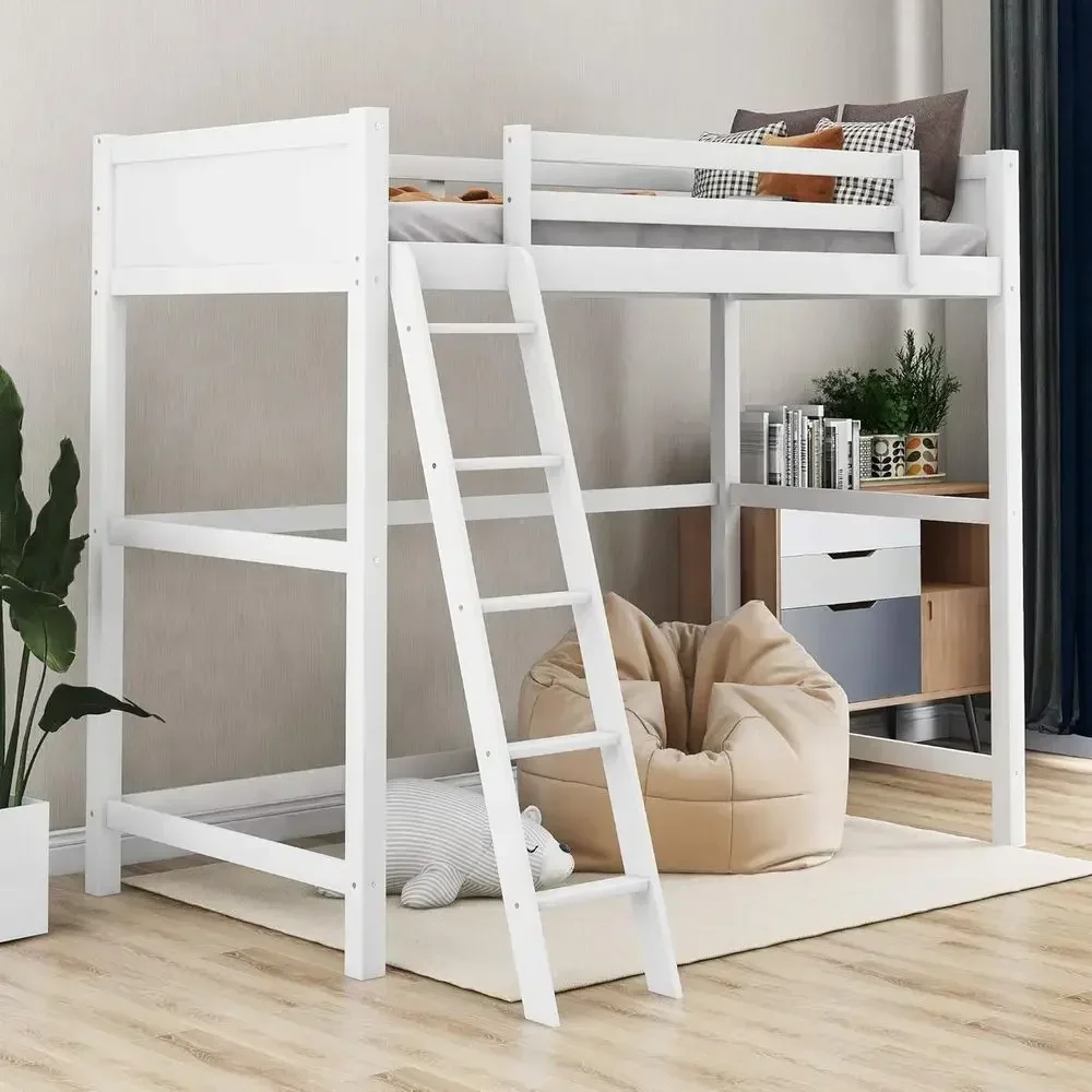 White Twin Size Loft Bed with Ladder, Wood Slat Support, Full-Length Guardrails, Space-Saving Design for Kids, Teens, and Adults