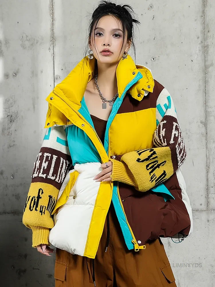 2023 Nieuwe Mode Streetwear Letter Stitching Puffer Jasje Dames Losse Parka \'S Winter Dikke 90% Eend Donsjas