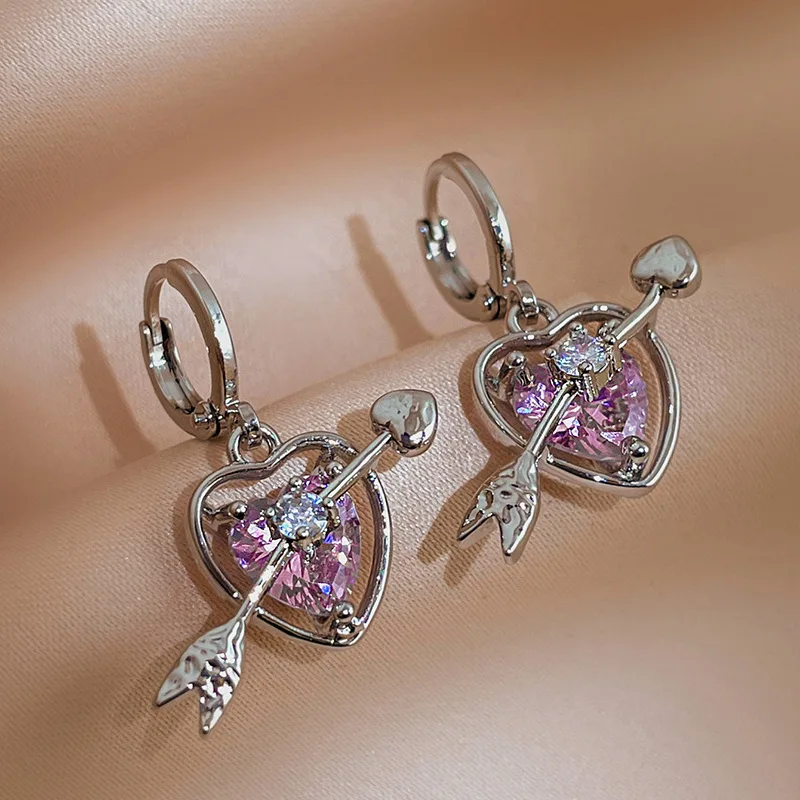 Fashion Cupid Arrow Through The Heart Pink Zircon Love Ear Buckle Original 925 Sterling Silver Earrings Creative Earrings Female