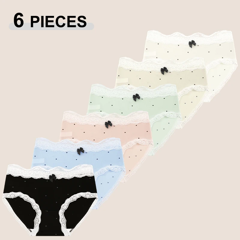 6 Teile/satz Sexy Spitze Bowknot Briefs Set Für Frauen Nette Süße Dot Weichen Bequemen Höschen Weibliche Atmungsaktive Intime Dessous M-XL