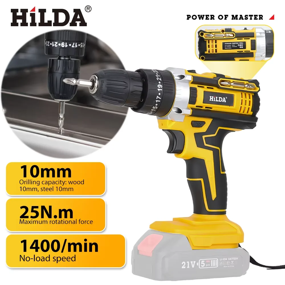 

HILDA Cordless Electric Drill 25+3 Clutch Electric Drill with Work Light & Power Screwdriver Mini Drill For 21V Makita Battery