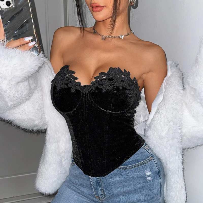 

Autumn Black Velvet Sexy Deep V Tube Top Backless Underwire Corset Diamond Vest