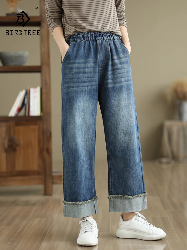 New 2026 Spring Cotton Denim Trousers, Women Elastic Waist Pocket Washed, Mori Girl Fashion OL Commute Wide Leg Jeans B5D728CC