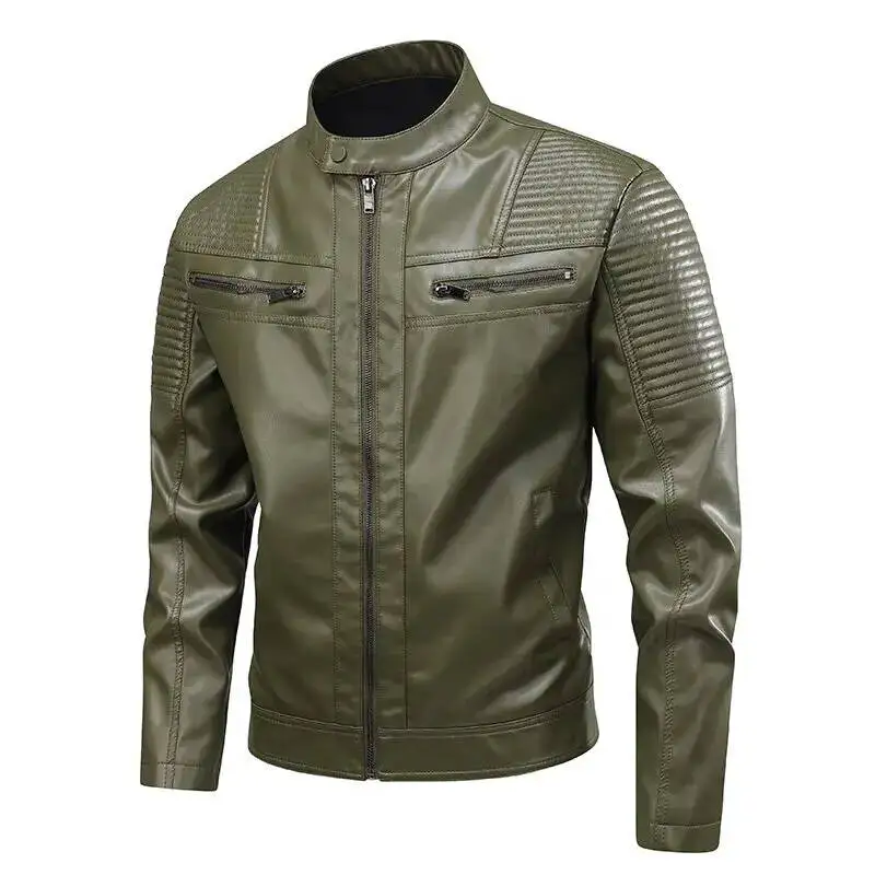 

2025 Men's Motorcycle & Biker High Quality Soft Faux Leather Jackets Male Punk Army Green PU Zipper Cool Windproof Street Coats