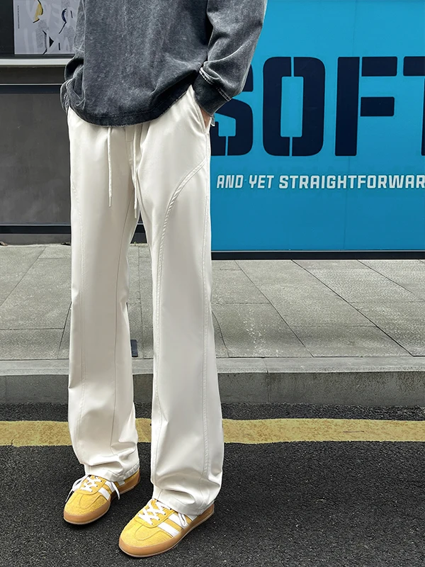 

Khaki Side Cut Flared Men's Spor Qui Dry Casual Pants Cleanfit Straight Loose Fit Low Waist Elastic Waisand Daily Wear