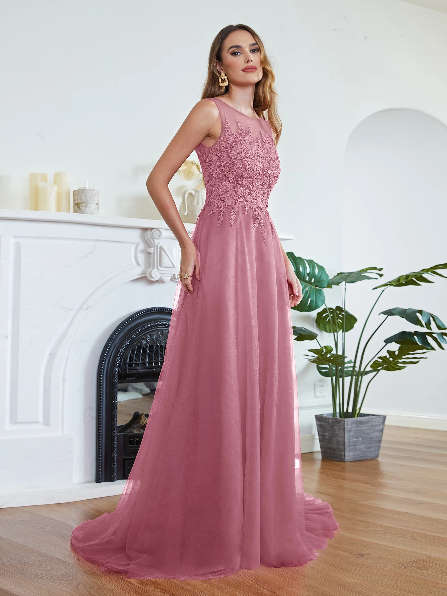 

Women's Empire Maxi Train Formal Party Gowns Long Evening Dresses Lace Appliques Sheer O-Neck Sleeveless V-Backless Prom Dress