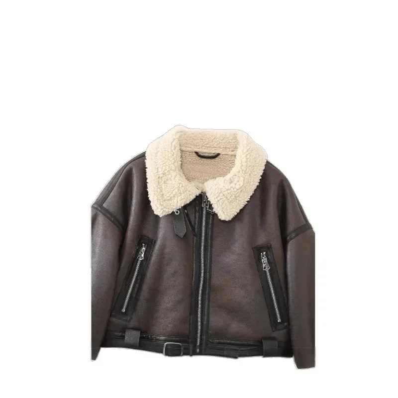 

Autumn Winter New Arrival Integrated Design Warmth And Fashion Combined Short Biker Style Fur Leather Jacket Women's Retro