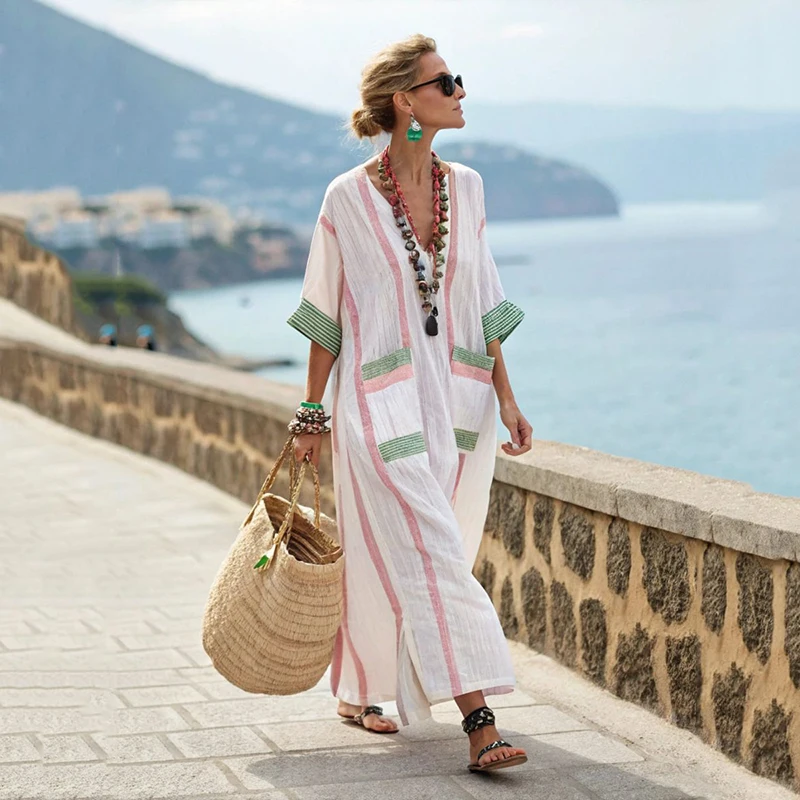 فساتين طويلة فضفاضة للنساء البوهيمي صيفية أنيقة نصف كم ورقبة على شكل V فستان للإجازات أنيق مطبوع عليه جيب للعطلات فستان ماكسي