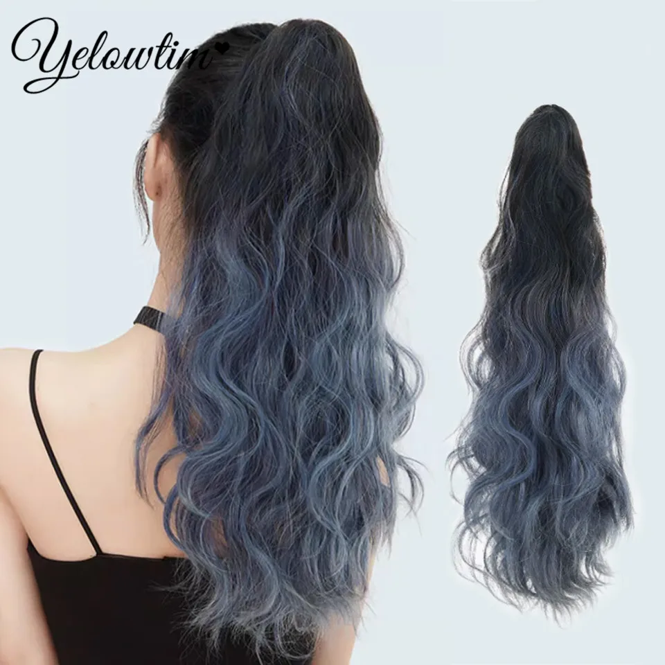 Synthetic Wig Ponytail Women's Scratch Clip Long Hair Curly Blue Black Gradient High Ponytail Braid Ultra Light Hair Tail