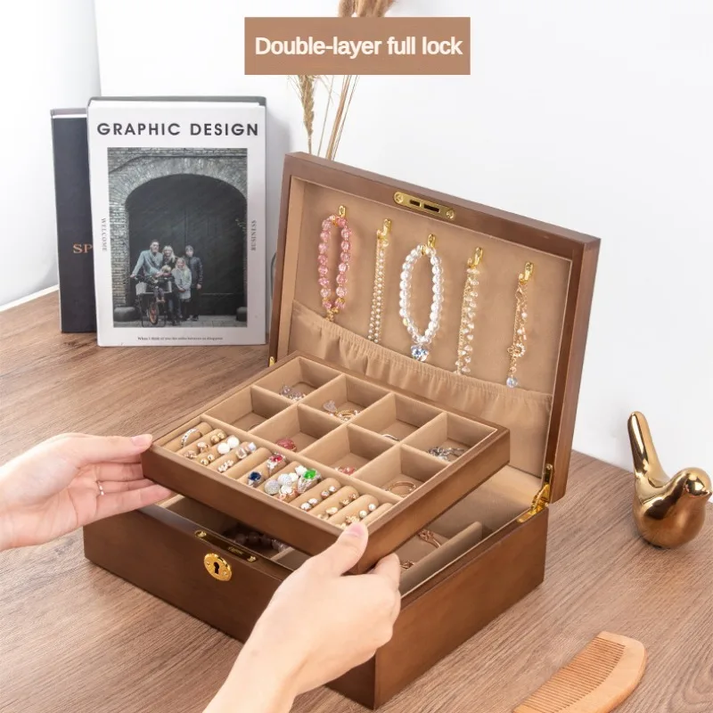 Wooden Jewelry Box with Lock Luxury Couple Jewelry Box Double Layer Vintage Retro Storage Boxes Organizer Watch Holder Product