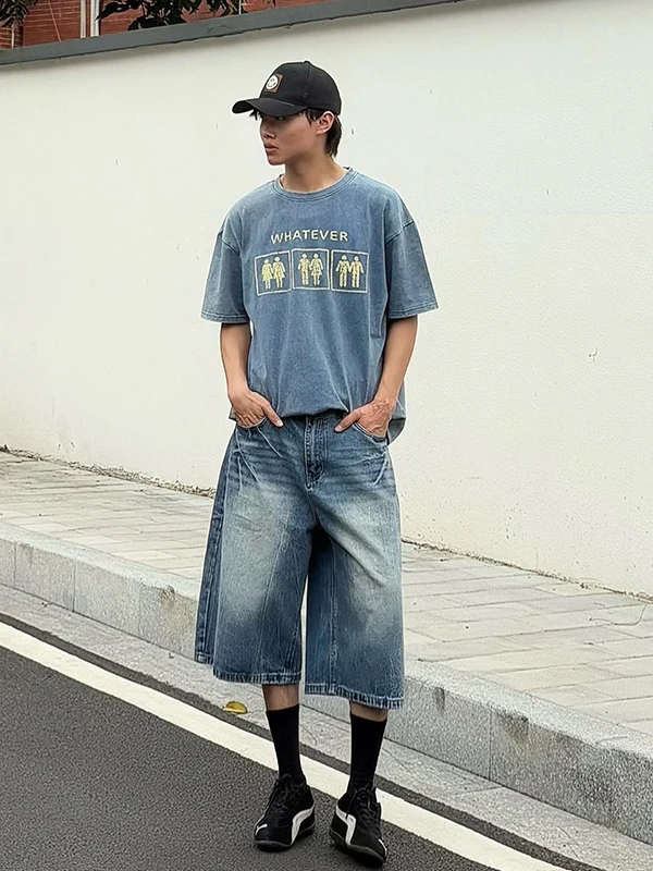 

Blue Lightning Pattern Jeans orts Men's Summer Waed Vintage Wide Leg Design Sensation Seven-Foot Pants Straight Tube