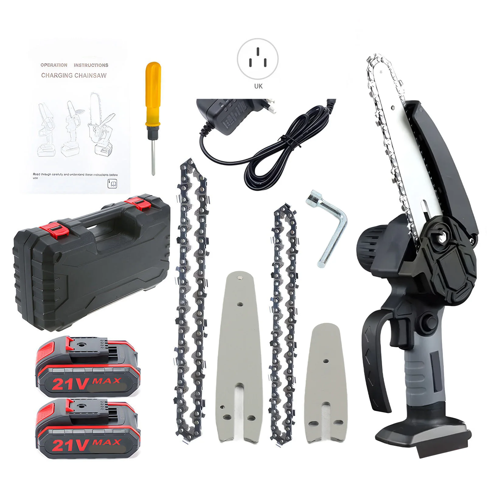 NUEVA Motosierra Portátil de 4 y 6 Pulgadas, Mini Motosierra con Bloqueo de Seguridad, 2 Cadenas, Batería Recargable de 21V, Motosierra Eléctrica
