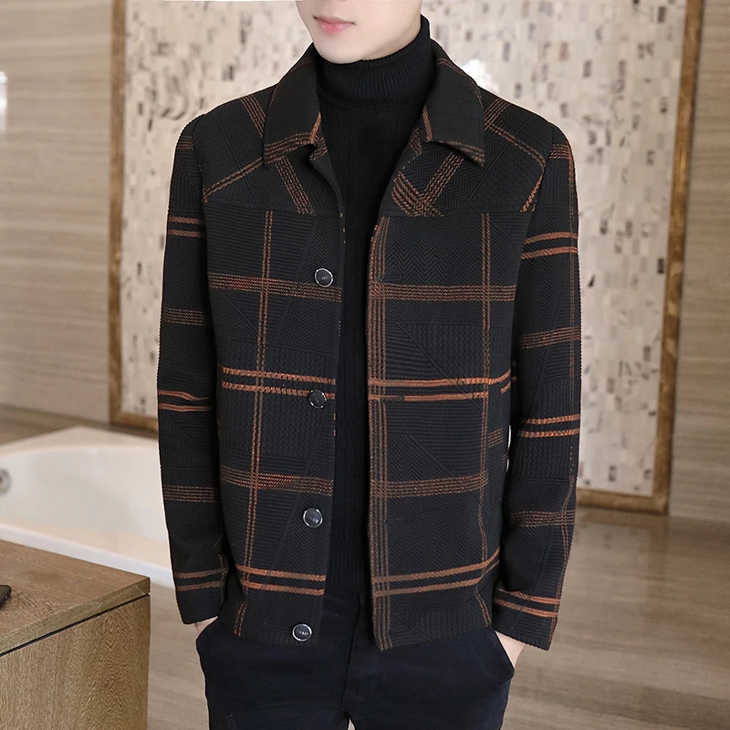 Men's Casual Short Tweed Jacket Autumn Winter Woolen Coat Trendy Korean Style Turn-down Collar Bomber Jacket Handsome Outerwear