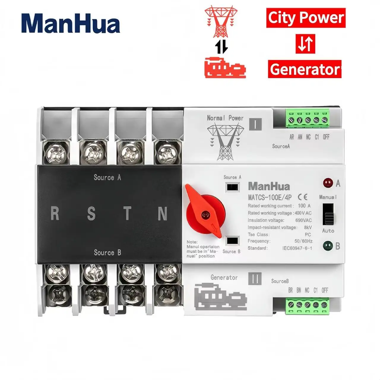

Dual Power ManHua MATCS-100E/4P 100A 220VAC Dual Power Automatic Transfer Switch PC Type Switch DIN-Rail Mounting Red Handle