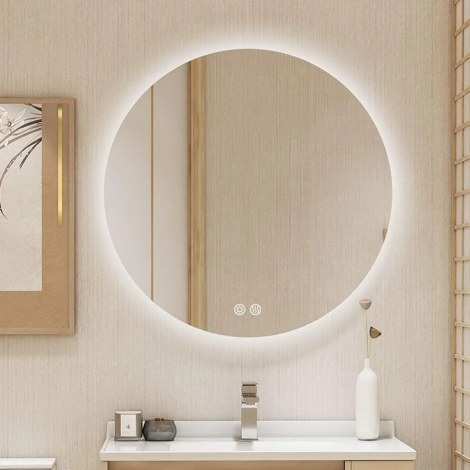 36 Inch Round LED Bathroom Mirror Backlit Anti-Fog Wall Mounted Lighted Bathroom Vanity Mirror 3 Colors Light Dimmable Smart