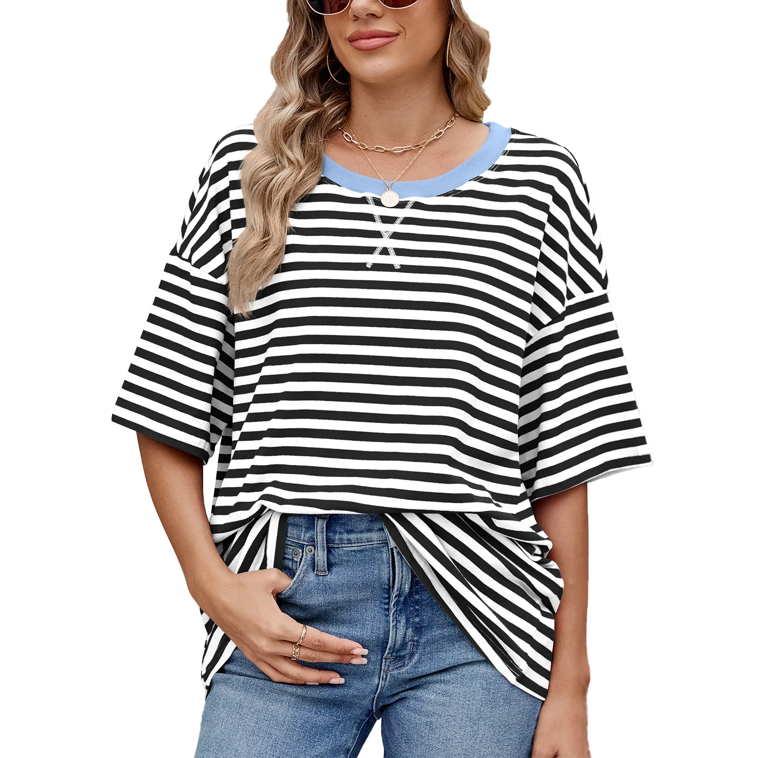 

Summer Women's Striped Top O-neck Loose Fashion Short-sleeved T-shirt Contrasting Color Basic Girl Street Tees