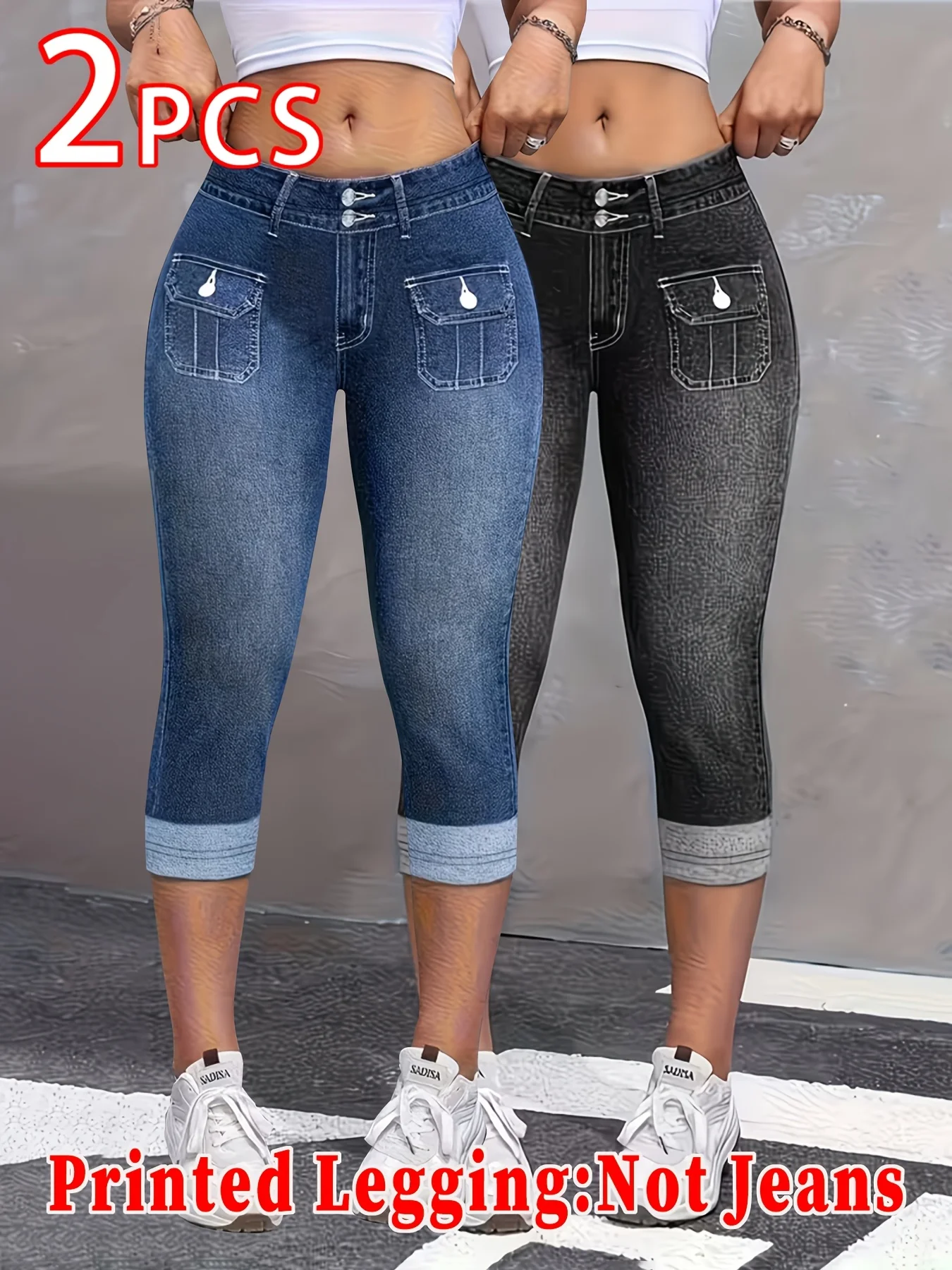 2-Pack Faux Denim Printed Capri Leggings. High-Elastic And Slim-Fitting, Ideal For Sports, Casual And Various Styles Of Wear.