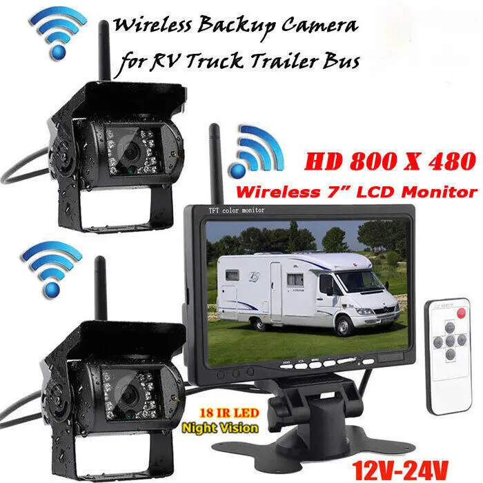 

Wireless Vehicle 2 Reverse Backup Camera 7' LCD Monitor Kit for Truck Bus RVs