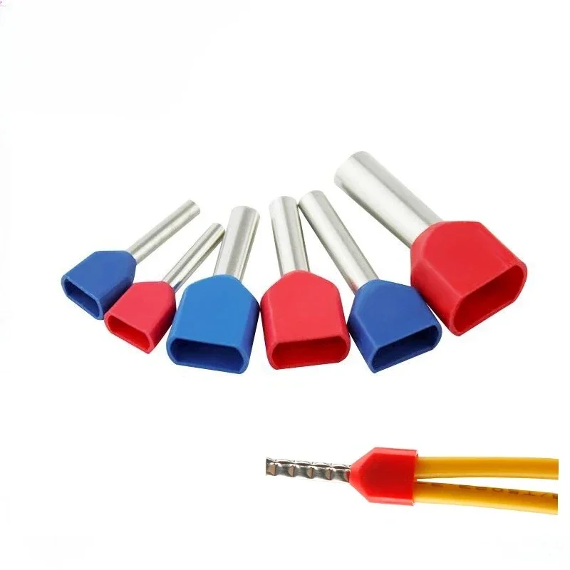 100PCS Red Copper Insulated Ferrules Cord End Crimp Terminal Double Wire Connector Pin Electrical Cable Connector TE7508 DGTVE