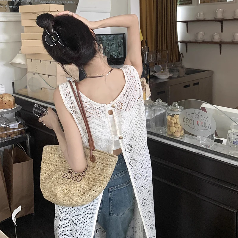 Abito resort senza maniche in pizzo 2025 Boho Abiti da Mujer Moda Estate Abito sottile Femmes Scava fuori Loose Vedi Abito trasparente