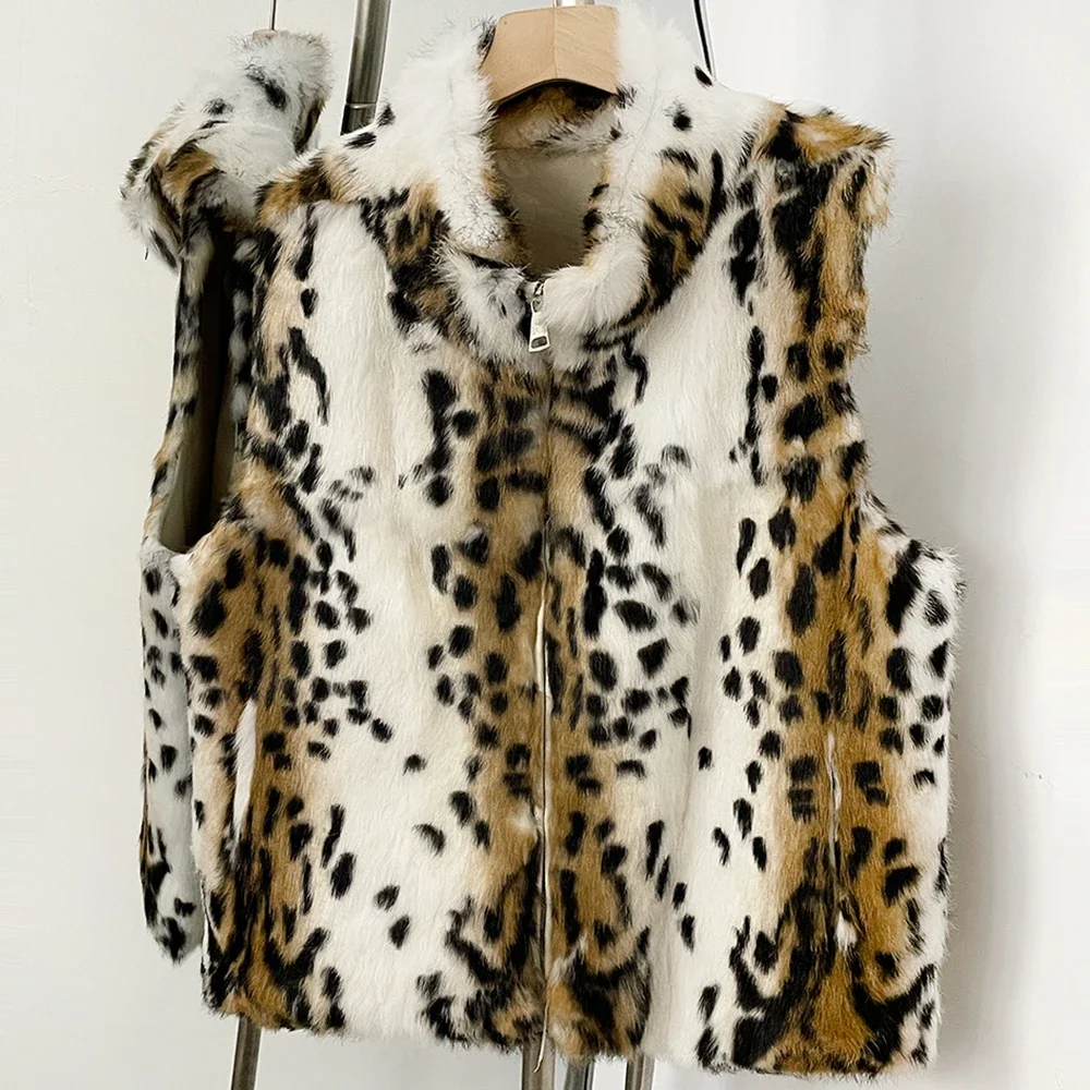OFTBUY Neue Winter-Luxus-Oberbekleidung für Damen, Echte Kaninchenfell-Weste mit Stehkragen, Reißverschluss, Ärmellos, Natürliche Pelzweste für Damen – Detail 7