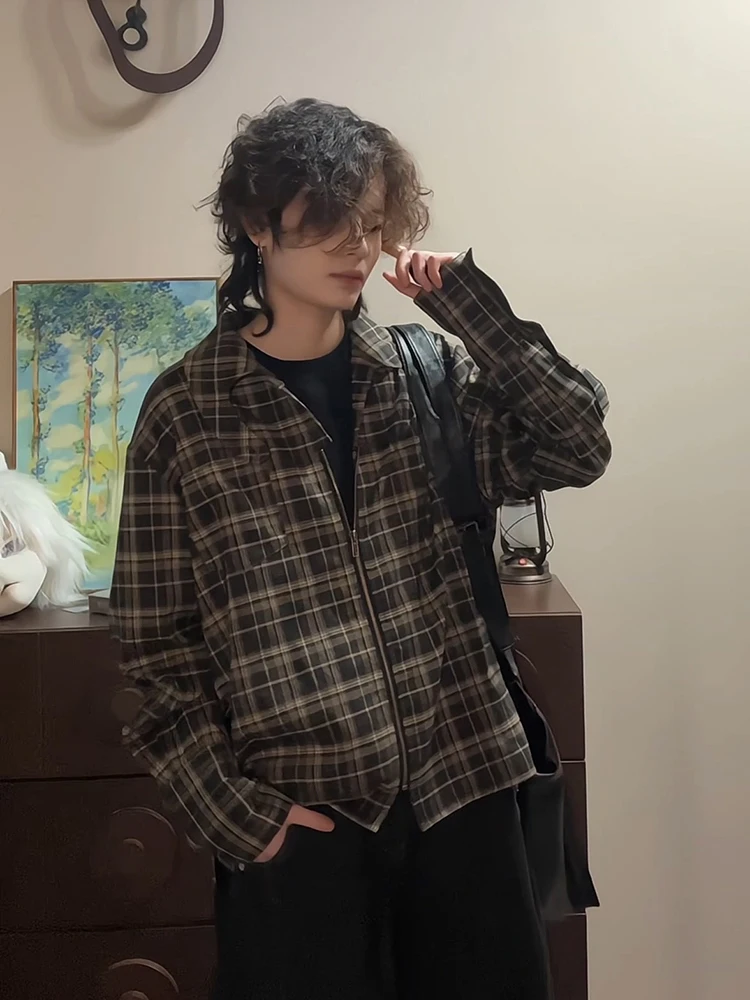 

Vintage American Plaid irt Men's Long Sve Stand Collar Spring Design Loose Fit Youthful Sle Wear Resistant Polyester