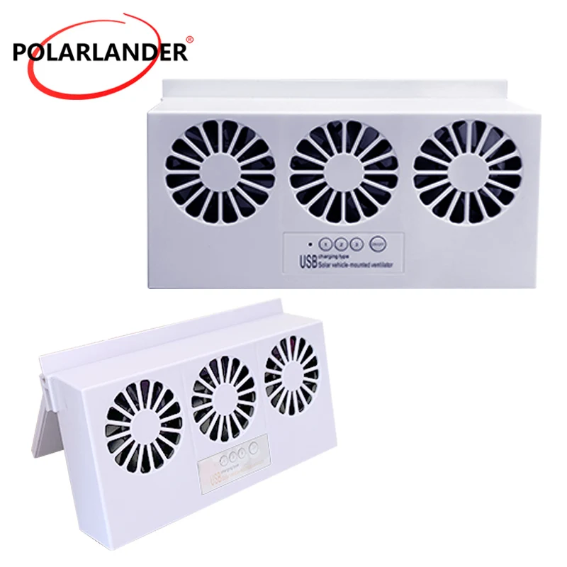 F-598 White Solar Car Exhaust Fan 3 Fans 5V USB Powered Vehicle Window Cooling Vent No Battery