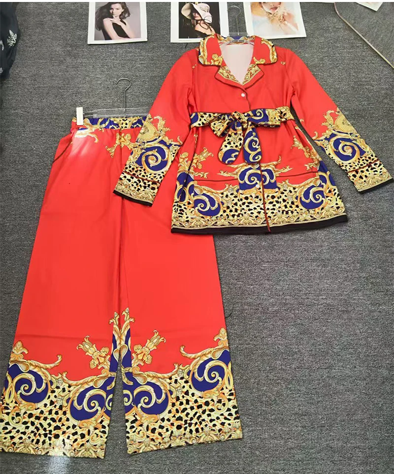 

Элегантная осенняя новая однобортная рубашка из двух частей с длинными рукавами и широкими брюками с высокой талией, модный женский костюм с принтом