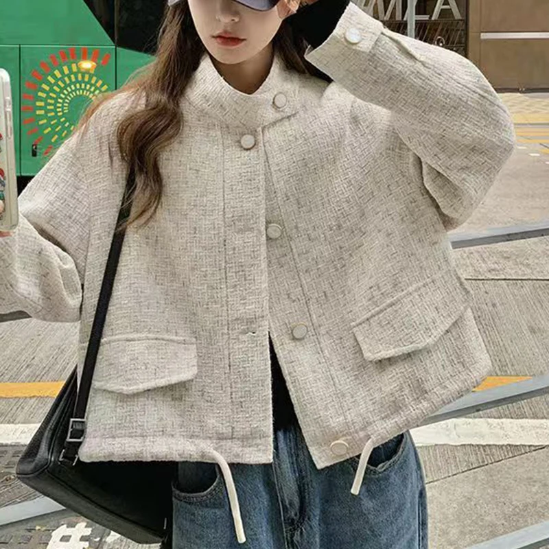 Fashion Faux Tweed Jackets Women Sweet Loose Stand Collar Coats Fall Winter Office Lady Loose Drawstring Hem Casual Outwear Tops