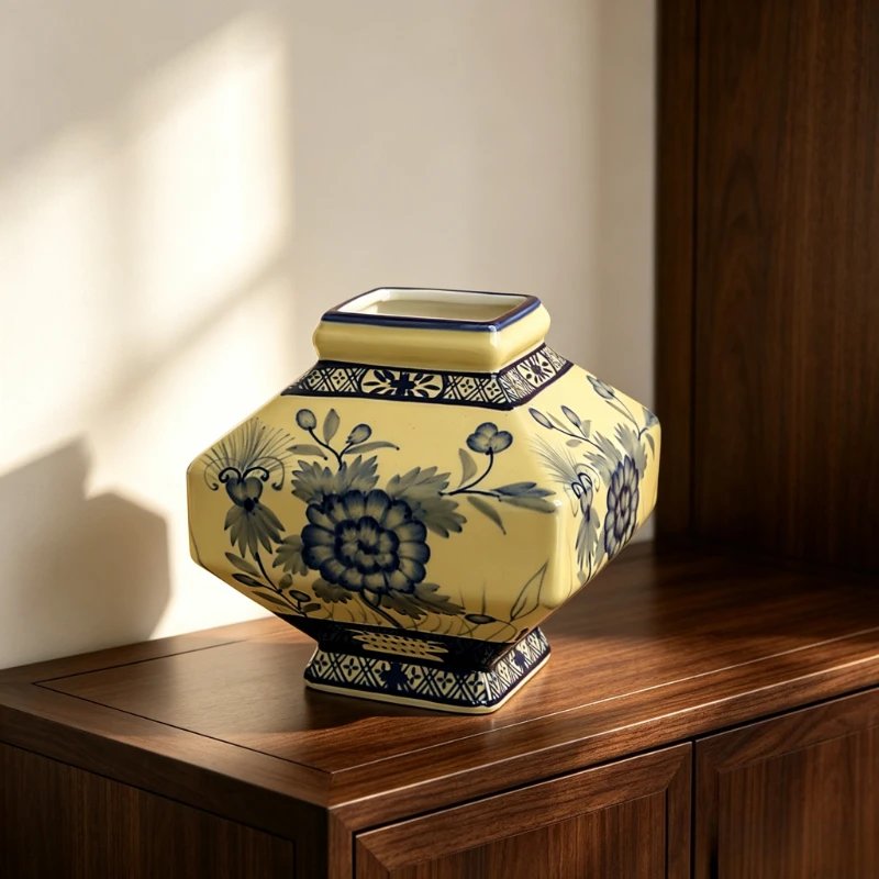 Yellow Glaze Blue‑and‑White Octagonal Vase Hand‑Painted Retro Ceramic Table Ornament for Entryway Living Room Home Decor Gift