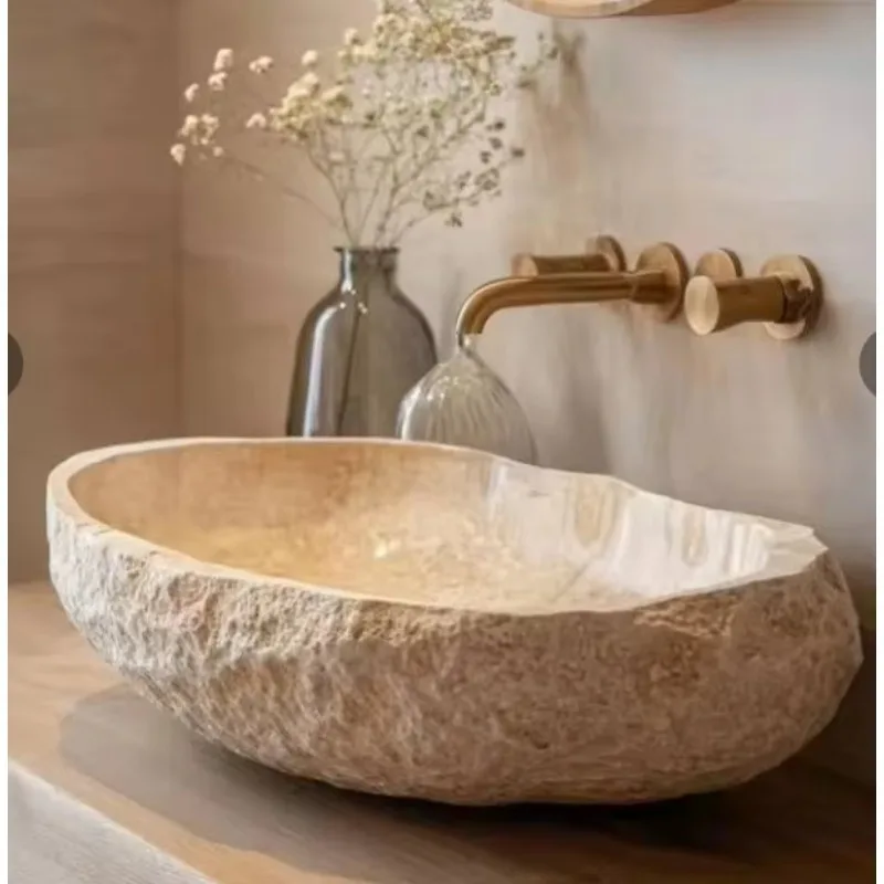 Irregular Shape Unique design Beige color marble Sink Bathroom Countertop Washbasin Natural Surface Outlook for Bathroom
