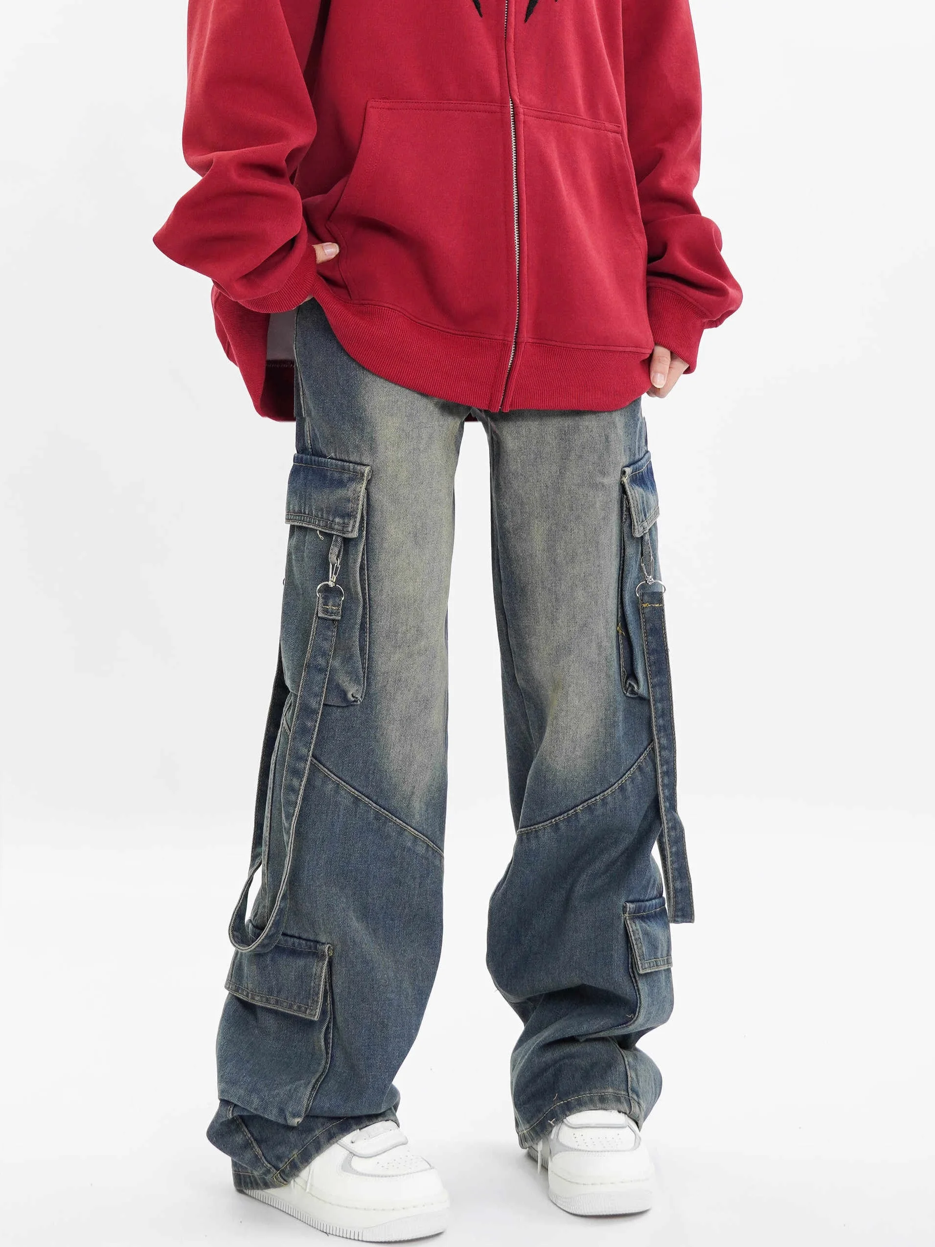 

Американские ретро-джинсы синего цвета из денима, свободные широкие брюки, длинные штаны для мужчин и женщин, уличный стиль, рабочая одежда, джинсы с множеством карманов