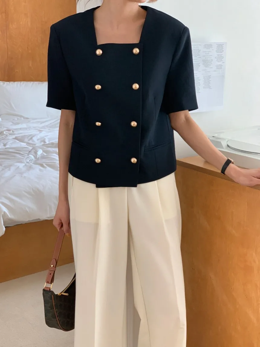 

Chic Summer Simple Solid Color Double Breasted Elegant Square Neck Short Sleeved Shirt Top Women