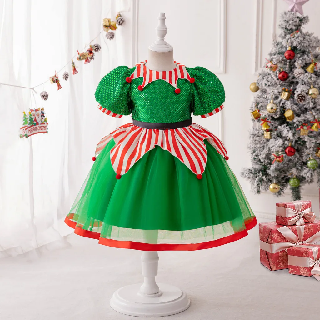 

Kids Girls Santa Claus Xmas Elf Princess Mesh Dress Children Christmas New Year Cosplay Costumes Kindergarten Role Play Outfit