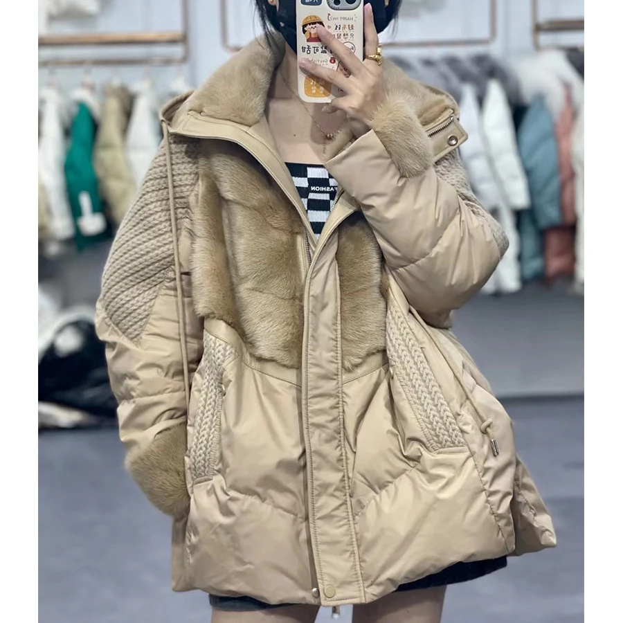 

MENINA BONITA 2023 Luxury Women Natural Goose Feather Jacket Down Fur Hood Women Real Mink Fur Coat Winter Warm New Fashion